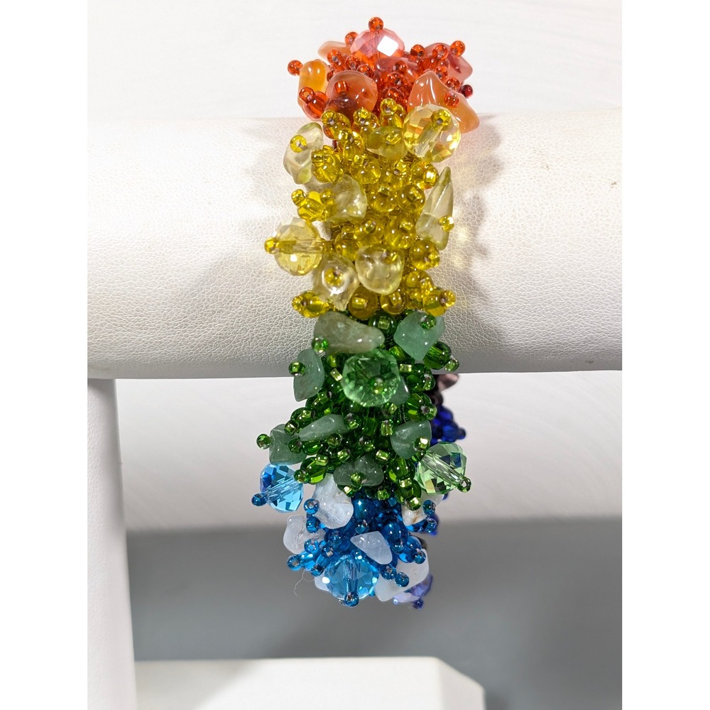 Artisan‎ Rainbow Ombre Glass Beaded Woven Bracelet Magnetic Clasp 7"